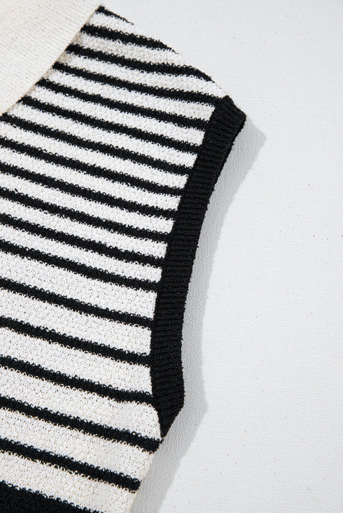 Black Mixed Striped Print Half Placket Collared Cap Sleeve Bodycon Sweater Dress